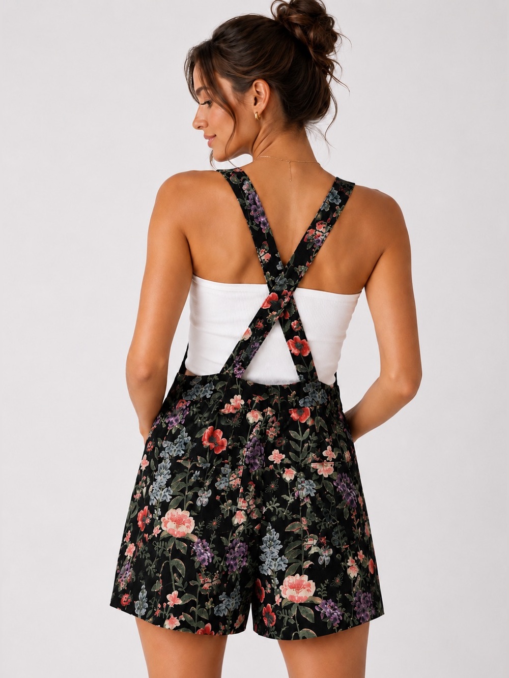 Cider Floral Overall Romper Short Black Cottagecore Shortalls 0XL - Picture 2 of 14